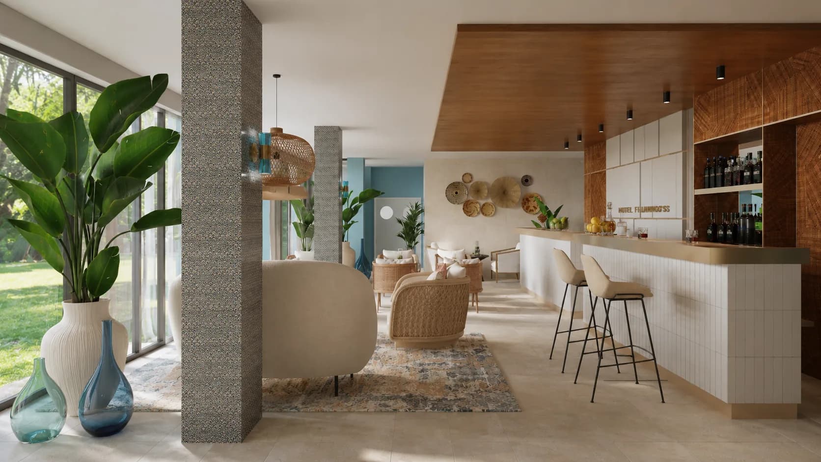 Progetto dell'angolo lounge della hall con piante ornamentali