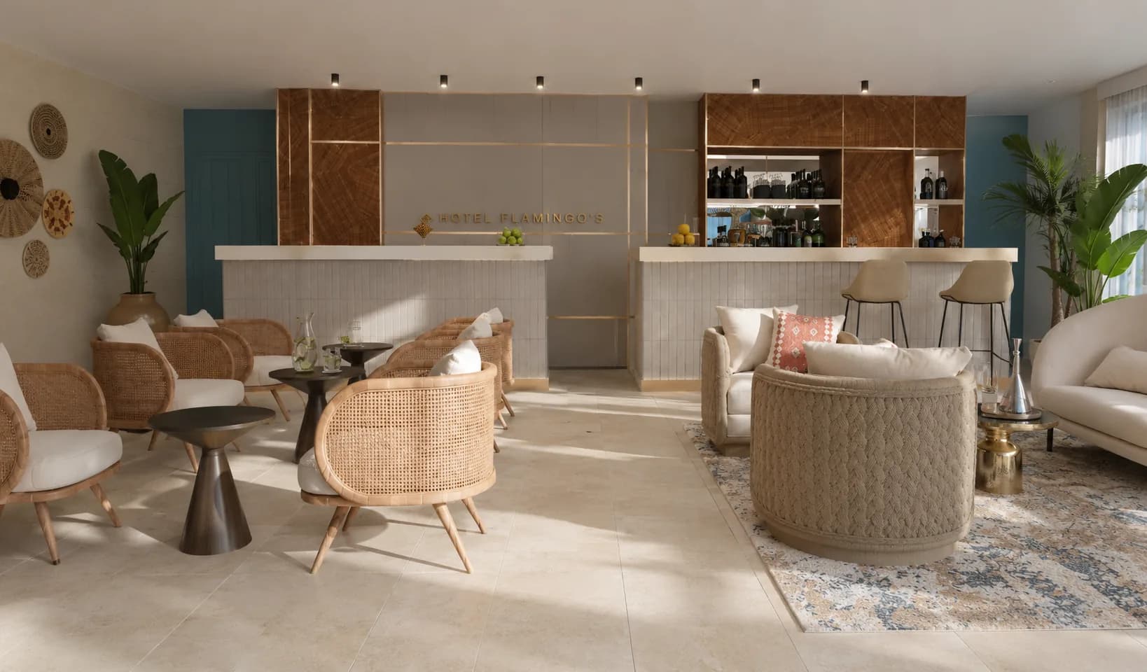 Progetto del bar della hall con sgabelli e boiserie in legno
