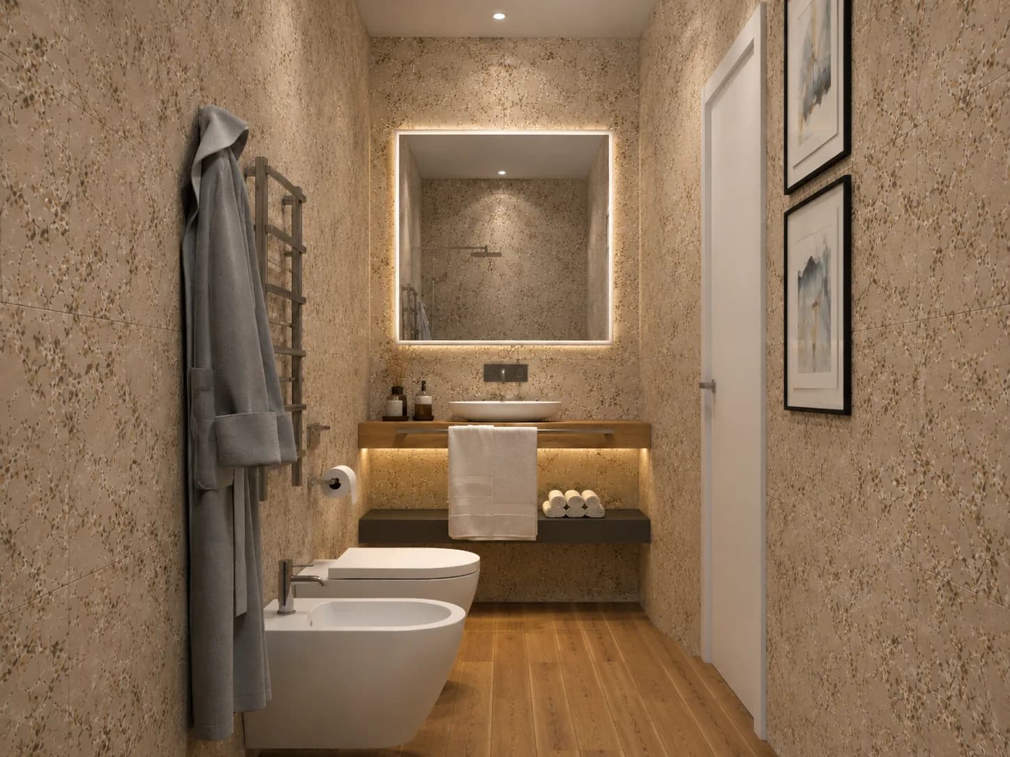 Progetto del bagno in camera con specchio retroilluminato