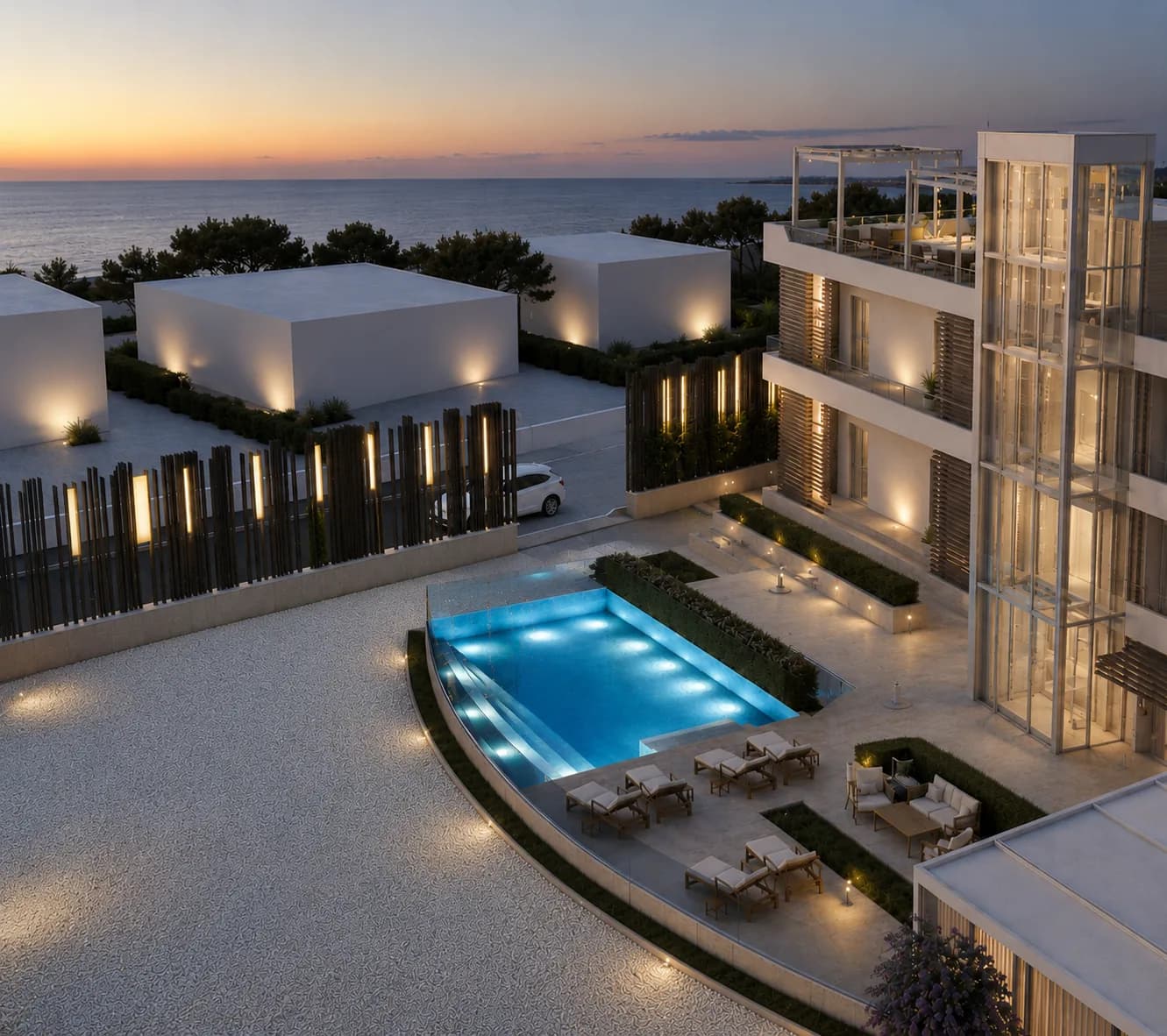 Progetto dell'esterno con piscina illuminata al tramonto
