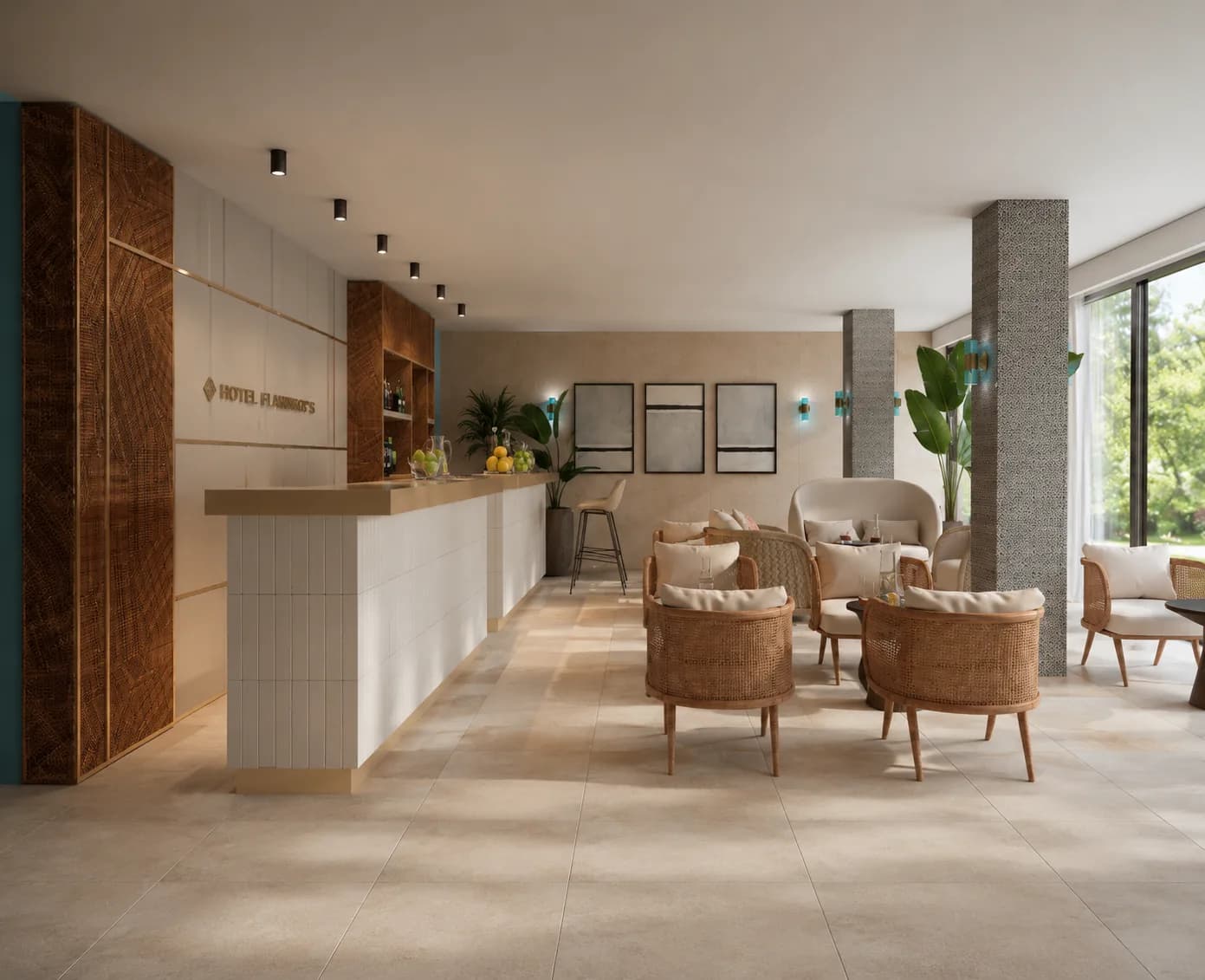 Progetto della hall con banco reception e sedute in rattan