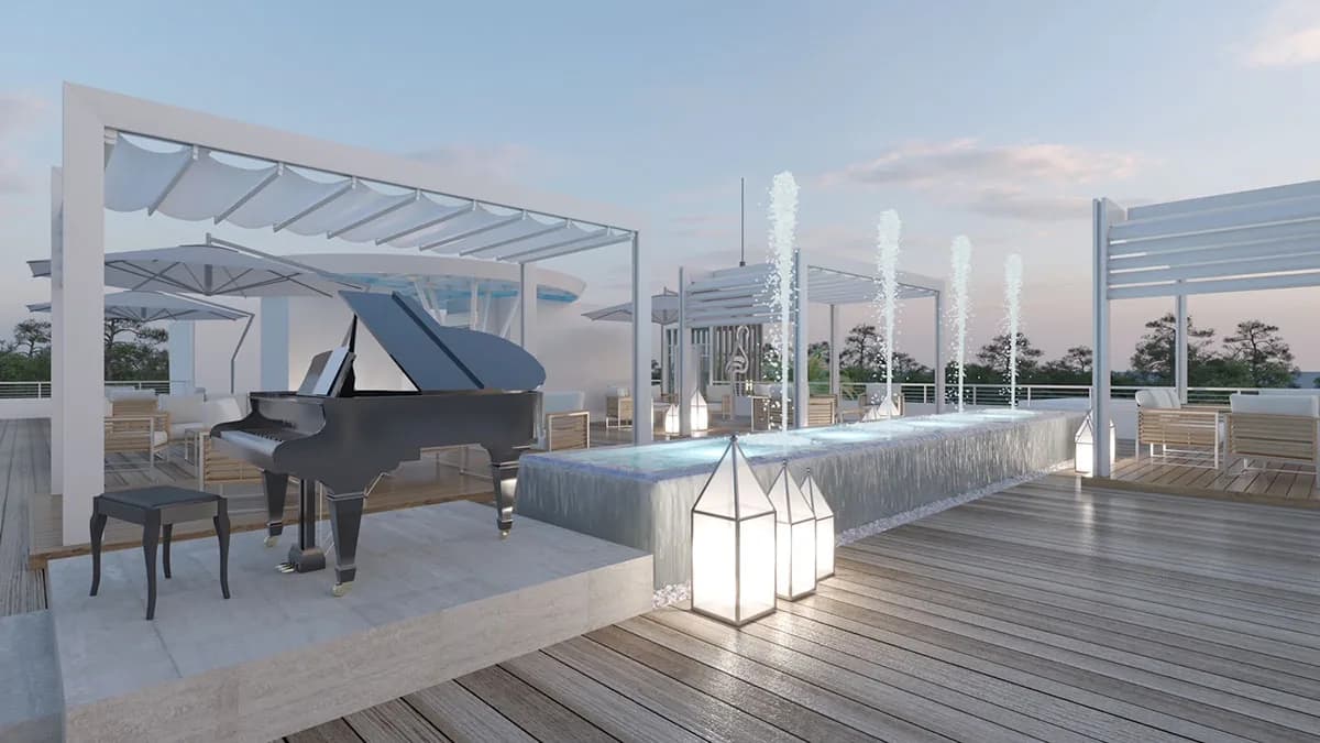 Progetto della terrazza panoramica con pianoforte e giochi d'acqua